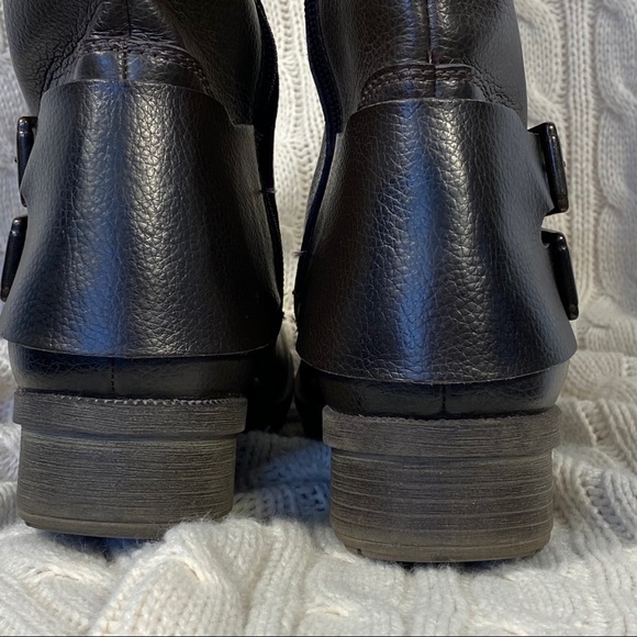 CLARKS Brown Synt Tall Leather Riding Boots stretch WIDE CALF easy-on/off 2090 - Picture 7 of 8